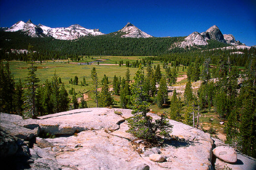 View of Tuolumne River, Cathedral, Unicorn and Johnson's peaks